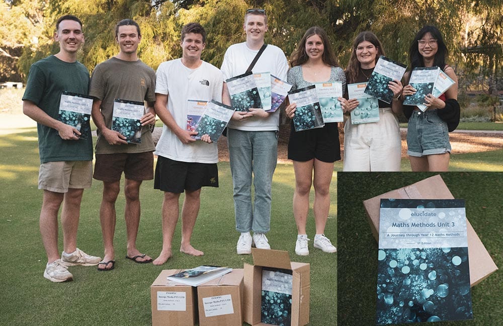 The team from Elucidate holding their textbook, Maths Methods Unit 3.