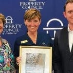 Retiremnt Living Council team celebrates Allison Brocket as the 2026 WA Village Manager of the Year recipient at the Property Council of Australia Awards, holding the framed trophy alongside colleagues